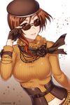  artist_name belt beret breasts brown_eyes brown_hair coco_adel corset dutch_angle fingerless_gloves gloves groin hat highres kio_rojine looking_at_viewer medium_breasts midriff rwby scarf short_hair smile solo sunglasses white_background 