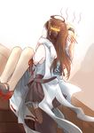  absurdres ahoge arms_behind_head blonde_hair blush brown_hair carrying commentary detached_sleeves double_bun dress embarrassed english hairband hand_on_own_face headgear highres kantai_collection kongou_(kantai_collection) long_hair multiple_girls nontraditional_miko pin.s princess_carry ribbon_trim stairs thighhighs warspite_(kantai_collection) white_legwear 