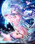  ass bangs blue_hair blush breasts copyright_name eyebrows_visible_through_hair flower flute hair_ornament highres holding instrument long_hair looking_at_viewer looking_back maboroshi_juuhime medium_breasts moon night night_sky onsen original partially_submerged petals red_eyes signature sitting sky solo sparkle water wet wet_clothes wide_sleeves yoda_(ayanamikodon) 