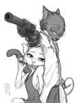  2016 anthro brother brother_and_sister cat clothed clothing disney duo fan_character feline female gun handgun heterochromia hi_res holding_object holding_weapon ittybittykittytittys knife licking looking_at_viewer male mammal ranged_weapon restricted_palette revolver sibling signature simple_background sister tongue tongue_out twins weapon white_background zootopia 