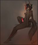  2015 anthro areola black_lips black_nipples black_nose breasts brown_fur canine dickgirl ear_piercing feet female fur intersex looking_at_viewer looking_back mammal nipples nude penis piercing simple_background sitting solo vexstacy 