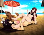  beach bikini black_hair blush erza_scarlet fairy_tail kagura_mikazuchi open_mouth red_hair smile tattoo tongue_out 