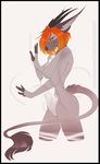  anthro black_nose breasts brown_eyes eyelashes featureless_breasts featureless_crotch female hair horn looking_at_viewer orange_hair simple_background smile solo unknown_species vexstacy white_background 