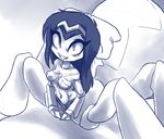  2016 arachnid arthropod blue_and_white breasts cleavage clothed clothing drider female high-angle_view humanoid looking_at_viewer looking_up midriff monochrome monster_girl_(genre) navel nipple_bulge plagueofgripes shantae shantae:_half-genie_hero shantae_(series) simple_background skimpy smile solo spider spider_web spidertaur web white_background 