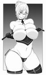  ass bangs breasts corset detached_sleeves dominatrix glasses greyscale hair_bun highres huge_breasts mkonstantinov monochrome neck_ribbon prison_school ribbon shiraki_meiko solo thighhighs thong whip 