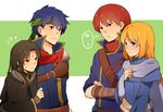  black_hair blonde_hair blue_eyes blue_hair blush cape fire_emblem fire_emblem:_akatsuki_no_megami fire_emblem:_rekka_no_ken fire_emblem:_souen_no_kiseki fire_emblem_heroes head_on_shoulder headband highres ike long_hair lucius multiple_boys open_mouth raven_(fire_emblem) red_eyes red_hair short_hair simple_background smile soren 