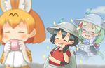  :3 =_= animal_ears backpack bag black_gloves black_hair blonde_hair blurry camouflage_trim closed_eyes depth_of_field drooling eating elbow_gloves food glasses gloves green_hair hat hat_feather helmet japari_bun kaban_(kemono_friends) kemono_friends long_hair mirai_(kemono_friends) multiple_girls no_nose pith_helmet pozesuke serval_(kemono_friends) serval_ears serval_print short_hair short_sleeves sparkle white_gloves 