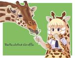  animal animal_ears blonde_hair character_name food giraffe giraffe_ears giraffe_horns giraffe_print japari_bun kemono_friends long_hair pozesuke reticulated_giraffe_(kemono_friends) typo 