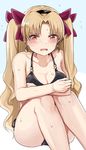  bikini black_bikini blonde_hair blush collarbone earrings ereshkigal_(fate/grand_order) fate/grand_order fate_(series) jewelry long_hair open_mouth red_eyes red_ribbon ribbon simple_background solo sweat swimsuit toi_(toiot) twintails 