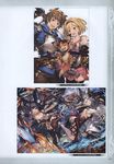  3girls absurdres animal_ears armor barefoot bell black_legwear blonde_hair breasts brown_eyes brown_hair cleavage collarbone djeeta_(granblue_fantasy) dress erune fan fighter_(granblue_fantasy) fire flower folding_fan frills gauntlets gran_(granblue_fantasy) granblue_fantasy hair_flower hair_ornament hairband highres holding holding_fan holding_sword holding_weapon jingle_bell long_hair looking_at_viewer looking_back medium_breasts minaba_hideo multiple_girls non-web_source official_art open_mouth pink_dress pink_hairband red_eyes scan short_hair sideboob simple_background smile socie_(granblue_fantasy) sword thighhighs vee_(granblue_fantasy) weapon wide_sleeves yuel_(granblue_fantasy) zettai_ryouiki 