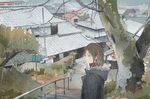  black_coat blue_eyes brown_hair coat graphite_(medium) hedge_(plant) house looking_at_viewer original railing scenery short_hair solo stairs traditional_media tree tree_branch wamizu 