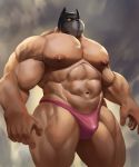  abs areola biceps big_nipples bulge clothed clothing huge_muscles human male mammal mask muscular muscular_male navel nipples pecs pink_nipples quads serratus solo thong topless triceps zoroj 