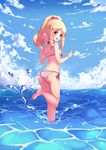  absurdres ass bikini blonde_hair bow breasts brown_eyes chahei cloud day drill_hair eromanga_sensei from_behind hair_bow highres long_hair looking_at_viewer looking_back outdoors pink_bow pointy_ears side-tie_bikini sky small_breasts solo striped striped_bikini swimsuit twin_drills wading water yamada_elf 