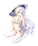  absurdres asa_ni_haru azur_lane bikini blue_eyes eyebrows_visible_through_hair hat highres illustrious_(azur_lane) long_hair looking_at_viewer mole mole_under_eye navel no_shoes seiza silver_hair sitting solo spaghetti_strap swimsuit thighhighs white_bikini white_hat white_legwear 