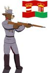  2017 absurd_res action_pose animated anthro antlers austria austria_hungary belt biceps black_nose boots brown_eyes brown_fur central_powers cervine clothed clothing cross crown dafallen0ne deer digital_media_(artwork) dual_monarchy footwear fully_clothed fur gun hi_res horn hungary male mammal medals military_hat military_uniform muscular pants pecs ranged_weapon religion rifle simple_background soldier solo standing subuser uniform vicpagani weapon world_war_1 