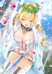  belt blonde_hair blush breasts bridal_veil chain cleavage closed_eyes crying elbow_gloves fate/extra fate_(series) gloves head_wreath jewelry large_breasts natsuki_(ukiwakudasai) navel nero_claudius_(bride)_(fate) nero_claudius_(fate)_(all) petals ring short_hair smile solo tower veil white_gloves white_sleeves 
