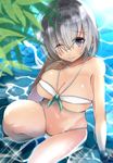  bikini blue_eyes breasts closed_mouth collarbone eyebrows_visible_through_hair eyes_visible_through_hair from_above hair_ornament hairclip hamakaze_(kantai_collection) hand_on_own_chest highres kantai_collection large_breasts leaf leg_lift looking_at_viewer navel one_eye_closed partially_submerged shiny shiny_hair short_hair silver_hair skindentation solo sparkle swimsuit white_bikini youkan_(mattya_youkan) 