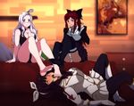  black_hair blush dress erza_scarlet eyes_closed fairy_tail feet foot kagura_mikazuchi mirajane_strauss open_mouth panties red_hair smile 