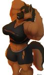  akkusky anthro breasts canine clothing female hands_behind_head looking_at_viewer mammal muscular nipples smile solo tight_clothing torn_clothing 