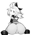  1girl ahoge armor armored_dress artist_request ass boots bow bravely_default:_flying_fairy come_hither edea_lee from_behind hair_bow huge_ass looking_back monochrome naughty_face pantyhose short_hair smile solo wariza 