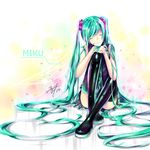  absurdly_long_hair absurdres aqua_hair bare_shoulders black_footwear black_legwear boots character_name closed_eyes crossed_legs full_body hair_over_one_eye hands_on_own_knee hatsune_miku headset highres knee_to_chest long_hair smile solo suzume_(vicky001002) thigh_boots thighhighs thighs twintails very_long_hair vocaloid 