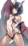  ass_visible_through_thighs black_hair breasts cowboy_shot fate/grand_order fate_(series) horns japanese_clothes kanechi kimono looking_at_viewer navel off_shoulder oni oni_horns purple_eyes short_hair shuten_douji_(fate/grand_order) small_breasts solo white_background 