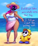  2017 beach big_breasts bob-omb breasts cleavage clothed clothing dark_skin dialogue english_text eyelashes female footwear hair hat humanoid hybrid larger_female male mario_bros mask mataknight nintendo outta_sync pink_hair raincoat sandals seaside shy-bomb shygirl shyguy size_difference slightly_chubby smaller_male text video_games water 