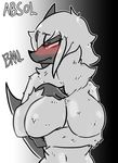  2016 absol anthro badassbaal big_breasts black_nose blush breast_rest breasts canine female fur hair hi_res holding_breast mammal nintendo pok&eacute;mon red_eyes solo video_games white_fur 