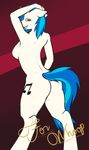  2015 absurd_res anthro anthrofied blue_fur blue_hair breasts butt cutie_mark ear_piercing english_text equine female friendship_is_magic fur hair half-closed_eyes hi_res horn looking_at_viewer looking_back mammal multicolored_fur multicolored_hair my_little_pony nude open_mouth piercing purple_eyes raised_arm raised_tail rear_view side_boob smile solo teeth text thermalcake two_tone_hair unicorn vinyl_scratch_(mlp) 