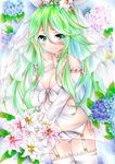  alternate_costume bikini blush bouquet breasts bridal_veil choker cleavage collarbone commentary_request dress flower green_eyes green_hair hair_between_eyes highres hydrangea kantai_collection lily_(flower) long_hair looking_at_viewer marker_(medium) medium_breasts smile solo swimsuit tiara traditional_media veil wedding_dress white_bikini yamakaze_(kantai_collection) yoruoujito-tsukinohime 