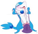  2016 abdominal_bulge anthro azura_(fyoshi) bdsm blue_eyes blue_skin blush bondage bound clitoris clitoris_piercing digital_media_(artwork) dildo dildo_sitting dragonair fak&eacute;mon fan_character female fucked_silly fyoshi genital_piercing hi_res huge_dildo hybrid labia_piercing looking_pleasured masochism melvismd nintendo open_mouth penetration piercing pok&eacute;mon pussy pussy_juice pussy_piercing sex_toy simple_background snivy solo spread_pussy spreading thread tongue tongue_out vaginal vaginal_stretching video_games white_background 