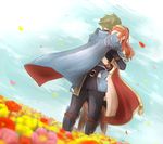  1girl alm_(fire_emblem) armor cape celica_(fire_emblem) couple field fire_emblem fire_emblem_echoes:_mou_hitori_no_eiyuuou flower flower_field gloves green_hair hetero highres hug long_hair red_eyes red_hair yori_ill 