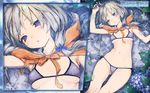  ahoge arm_up ass_visible_through_thighs bangs bikini blue_bow blush bow breasts cameltoe cloak flower frog game-style grey_hair groin hair_bow highres hydrangea jiyu2 long_hair looking_at_viewer low_twintails lying medium_breasts multiple_views navel on_back original parted_lips pond purple_bikini purple_eyes ripples swimsuit thigh_gap thighs twintails underboob wallpaper 