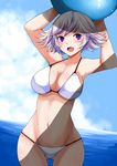  arms_up ass_visible_through_thighs ball beachball bikini blue_eyes blue_hair breasts cleavage cloud cloudy_sky day dutch_angle eyebrows_visible_through_hair farrah_(granblue_fantasy) granblue_fantasy han_(jackpot) holding large_breasts navel ocean outdoors short_hair sky swimsuit thigh_gap wet white_bikini 