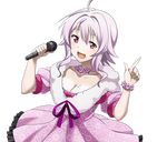  :d ahoge breasts cleavage collarbone dress hair_between_eyes holding holding_microphone index_finger_raised jewelry large_breasts microphone mole mole_on_breast neck_ribbon necklace official_art open_mouth pink_dress purple_ribbon red_eyes ribbon short_hair_with_long_locks sidelocks silver_hair smile solo standing strea sword_art_online sword_art_online:_code_register transparent_background 