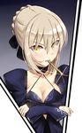  artoria_pendragon_(all) bangs blonde_hair blush braid breasts cleavage closed_mouth collarbone eyebrows_visible_through_hair fate/stay_night fate_(series) french_braid glint hair_between_eyes highres i.f.s.f juliet_sleeves long_sleeves looking_at_viewer medium_breasts mouth_hold platinum_blonde_hair puffy_sleeves saber_alter sidelocks solo upper_body yellow_eyes 