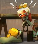 2boys angry annoyed blonde_hair blush chair covering covering_crotch crying crying_with_eyes_open embarrassed frilled_skirt frills gameplay_mechanics glasses highres kashu_(hizake) link lying multiple_boys on_stomach pervert purah red_eyes sheikah_slate short_hair short_ponytail skirt table taking_picture tears the_legend_of_zelda the_legend_of_zelda:_breath_of_the_wild thighhighs white_hair wooden_wall 