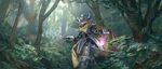  absurdres armor blue_eyes blush cape fang fern fire highres holding holding_sword holding_weapon july_(shichigatsu) jungle leaf looking_at_another nature open_mouth original scenery smile sword tree weapon yellow_cape 