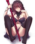  bangs bare_arms bare_shoulders black_legwear blush breasts commentary_request cum cum_on_body cum_on_breasts cum_on_lower_body cum_on_upper_body fate/grand_order fate_(series) full_body gae_bolg gg-e holding holding_weapon large_breasts long_hair looking_at_viewer navel nose_blush purple_hair red_eyes scathach_(fate)_(all) scathach_(fate/grand_order) sitting smile solo spread_legs thighhighs veil weapon 