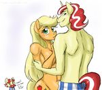 2014 anthro anthrofied applejack_(mlp) blonde_hair bow_tie breasts cleavage clothed clothing cutie_mark dialogue duo earth_pony english_text equine female flam_(mlp) flim_(mlp) friendship_is_magic green_eyes hair hasana-chan horn horse looking_at_viewer looking_back male mammal my_little_pony navel pony red_hair simple_background text unicorn white_background white_hair 