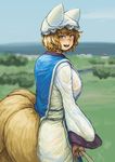  blonde_hair blue_sky blurry blurry_background blush breasts carrying_bag chanta_(ayatakaoisii) cowboy_shot day dress eyebrows_visible_through_hair fox_tail from_side grass hat highres holding horizon house large_breasts long_sleeves looking_at_viewer looking_to_the_side multiple_tails nose_blush outdoors pillow_hat round_teeth shiny shiny_hair short_hair sky smile solo tabard tail teeth texture tongue touhou tree walking white_dress wide_sleeves yakumo_ran yellow_eyes 