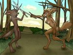  2017 anthro balls breasts canine digital_media_(artwork) digitigrade duo female fight forest fur hair holding_object holding_weapon jaxneesen kobold male male/female mammal melee_weapon nipple_piercing nipples nude open_mouth outside penis piercing practicing smile sword swordfighting tongue training tree weapon 