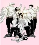  6+boys arm_up armpits back back_tattoo bakugou_katsuki bare_back bare_shoulders black_pants black_shorts blush boku_no_hero_academia collared_shirt crossed_legs full_body greyscale half-closed_eyes hand_on_another's_face head_on_shoulder high_heels jirou_kyouka kaminari_denki lipstick long_sleeves looking_at_viewer lying makeup male_harem midoriya_izuku mineta_minoru monochrome multiple_boys muscle necktie on_floor on_stomach pants pink_background satou_rikidou shirt shirtless short_hair shorts shouji_mezou simple_background sitting sleeveless smile spiked_hair stepped_on tattoo todoroki_shouto 