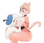 2017 anthro areola big_breasts blue_eyes bluedrg19 breast_suck breastfeeding breasts cat clothing danger_dolan duo eyes_closed feline female hat hi_res humanoid male mammal nipples shima_luan simple_background smile sucking super_planet_dolan thick_thighs voluptuous white_background wide_hips 