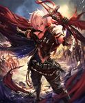 albert_(shingeki_no_bahamut) armor armored_boots army artist_request belt boots cape cygames elbow_gloves gloves holding holding_sword holding_weapon knife official_art red_eyes scabbard shadowverse sheath shingeki_no_bahamut soldier sword torn_cape vest weapon white_hair 