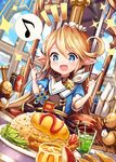  /\/\/\ 1girl :d banner blonde_hair blue_eyes blush chair charlotta_fenia crown drink drinking_straw dutch_angle eighth_note eyebrows_visible_through_hair food fork glass granblue_fantasy hair_between_eyes harvin head_tilt holding holding_fork holding_knife ice ice_cube knife lettuce long_hair mini_flag musical_note open_mouth plate pointy_ears rice sakura_ani short_sleeves sitting smile solo sparkle spoken_musical_note very_long_hair window 