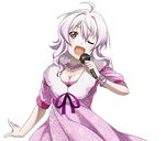 ;d ahoge bracelet breasts cleavage collarbone dress holding holding_microphone jewelry large_breasts long_hair microphone mole mole_on_breast neck_ribbon necklace official_art one_eye_closed open_mouth pink_dress purple_ribbon red_eyes ribbon silver_hair smile solo standing strea sword_art_online sword_art_online:_code_register transparent_background upper_body 