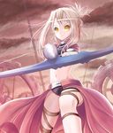  aiming_at_viewer aoi_usagi_(marinebluerabbit) black_pants bow_(weapon) caladbolg crop_top fate/kaleid_liner_prisma_illya fate_(series) floating_hair groin hair_between_eyes holding holding_bow_(weapon) holding_weapon illyasviel_von_einzbern long_hair looking_at_viewer midriff navel outdoors pants silver_hair solo unlimited_blade_works weapon yellow_eyes 