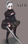  black_dress black_footwear black_hairband black_legwear blindfold boots breasts cleavage cleavage_cutout commentary_request covered_eyes dress feather-trimmed_sleeves full_body gg-e hairband holding holding_sword holding_weapon juliet_sleeves long_sleeves medium_breasts mole mole_under_mouth nier_(series) nier_automata parted_lips puffy_sleeves short_dress side_slit silver_hair solo standing sword thigh_boots thighhighs thighhighs_under_boots turtleneck vambraces weapon yorha_no._2_type_b 