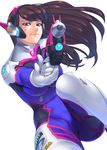  aiming_at_viewer bangs blue_bodysuit bodysuit breasts brown_eyes brown_hair clothes_writing d.va_(overwatch) facepaint facial_mark foreshortening gloves gun handgun headphones high_collar holding holding_gun holding_weapon ken19941028 light_smile long_hair looking_at_viewer medium_breasts overwatch pilot_suit pink_lips pistol ribbed_bodysuit shoulder_pads simple_background skin_tight solo swept_bangs weapon whisker_markings white_background white_gloves 